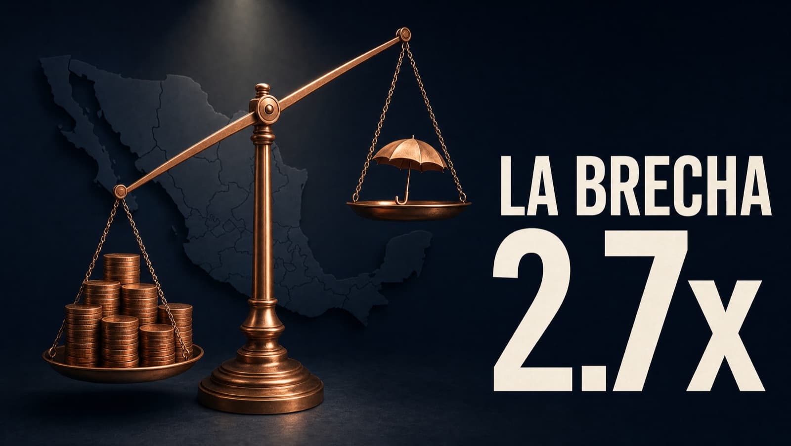 Balanza de cobre desbalanceada con monedas en un platillo y una pequeña sombrilla en el otro, sobre fondo navy con silueta de México, representando la brecha de cobertura de seguros 2.7x.
