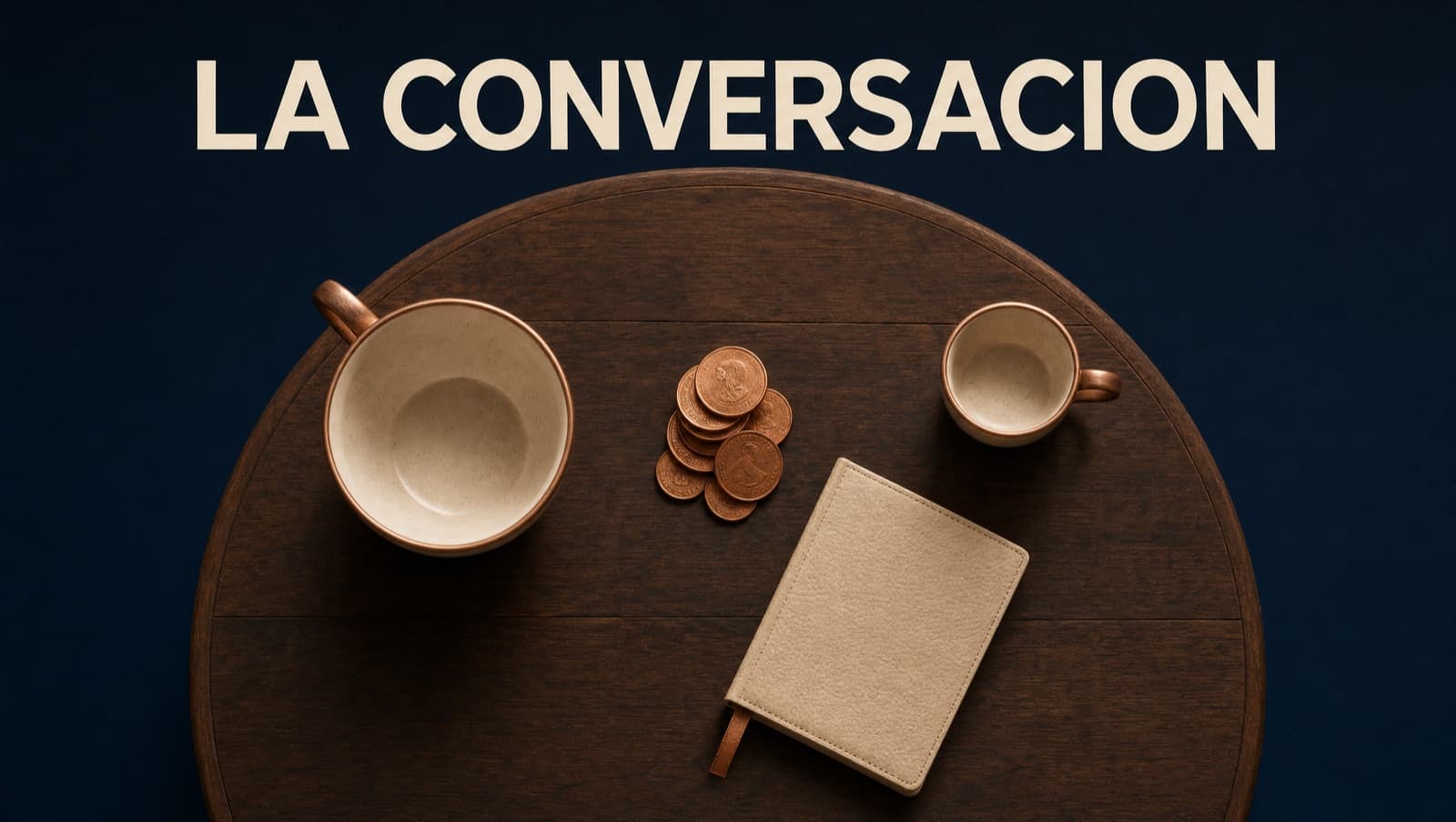 Vista cenital de mesa de madera oscura con monedas de cobre al centro, dos tazas cerámicas (una grande una pequeña) y libreta de piel, simbolizando la conversación financiera entre padres e hijos.