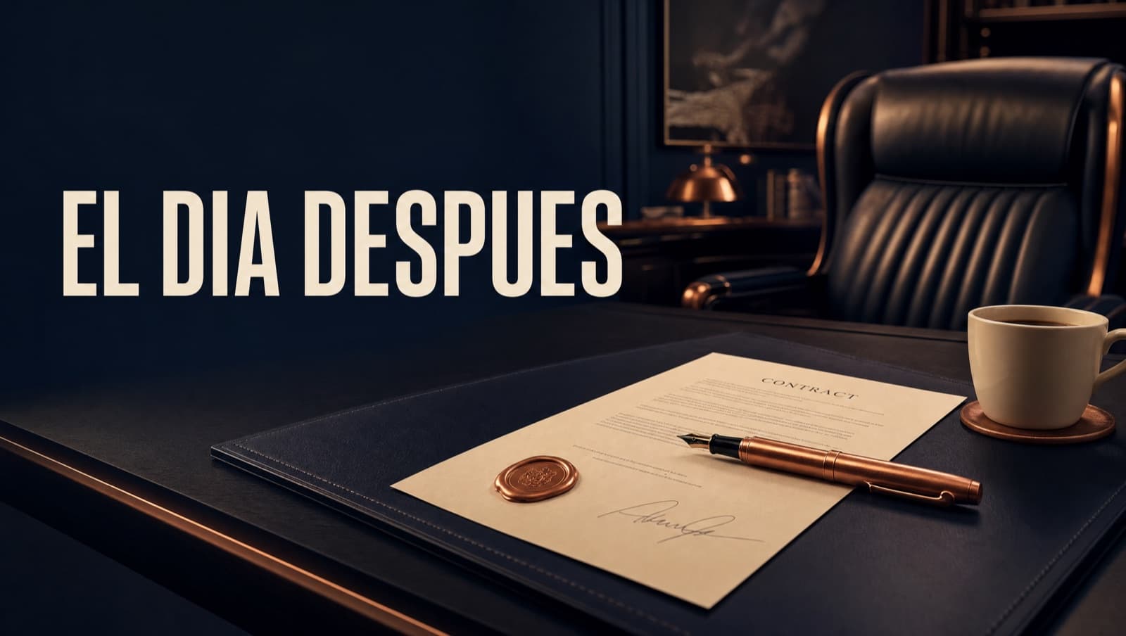Escritorio ejecutivo vacío con pluma de cobre sobre contrato firmado con sello de cera, taza de café y silla de piel al fondo, representando la transición después de vender un negocio.