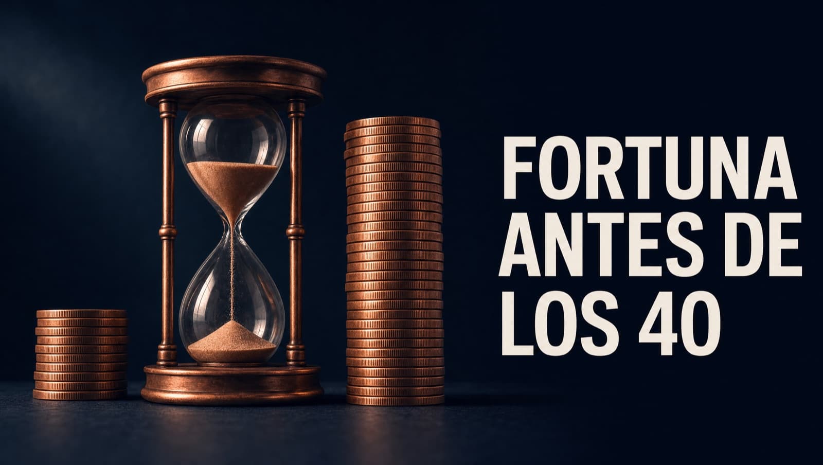 Dos stacks de monedas de cobre de alturas distintas con un reloj de arena en medio sobre fondo navy, ilustrando el efecto del interés compuesto al empezar a ahorrar joven.