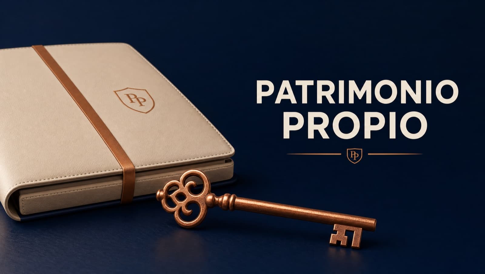 Llave de cobre junto a un portafolio de piel beige sobre fondo navy, simbolizando autonomía financiera y patrimonio propio para mujeres ejecutivas.